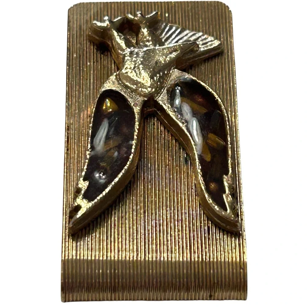 Vintage 2” Money Clip Gold Tone Metal Resin Brown And Gold Landing Eagle